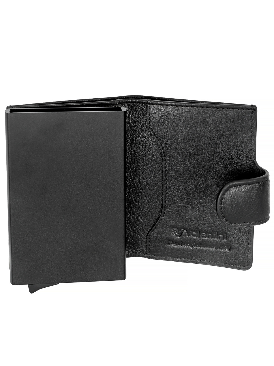 Metalowy portfel na karty w skórzanym etui Valentini Trophy 011 czarny