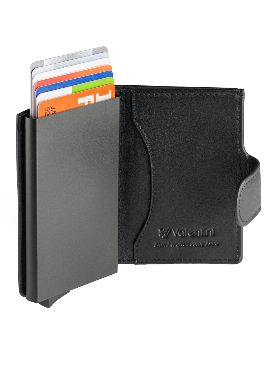 Metalowy portfel na karty w skórzanym etui Valentini Trophy 011 czarny