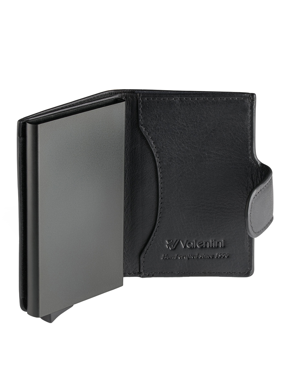 Metalowy portfel na karty w skórzanym etui Valentini Trophy 011 czarny